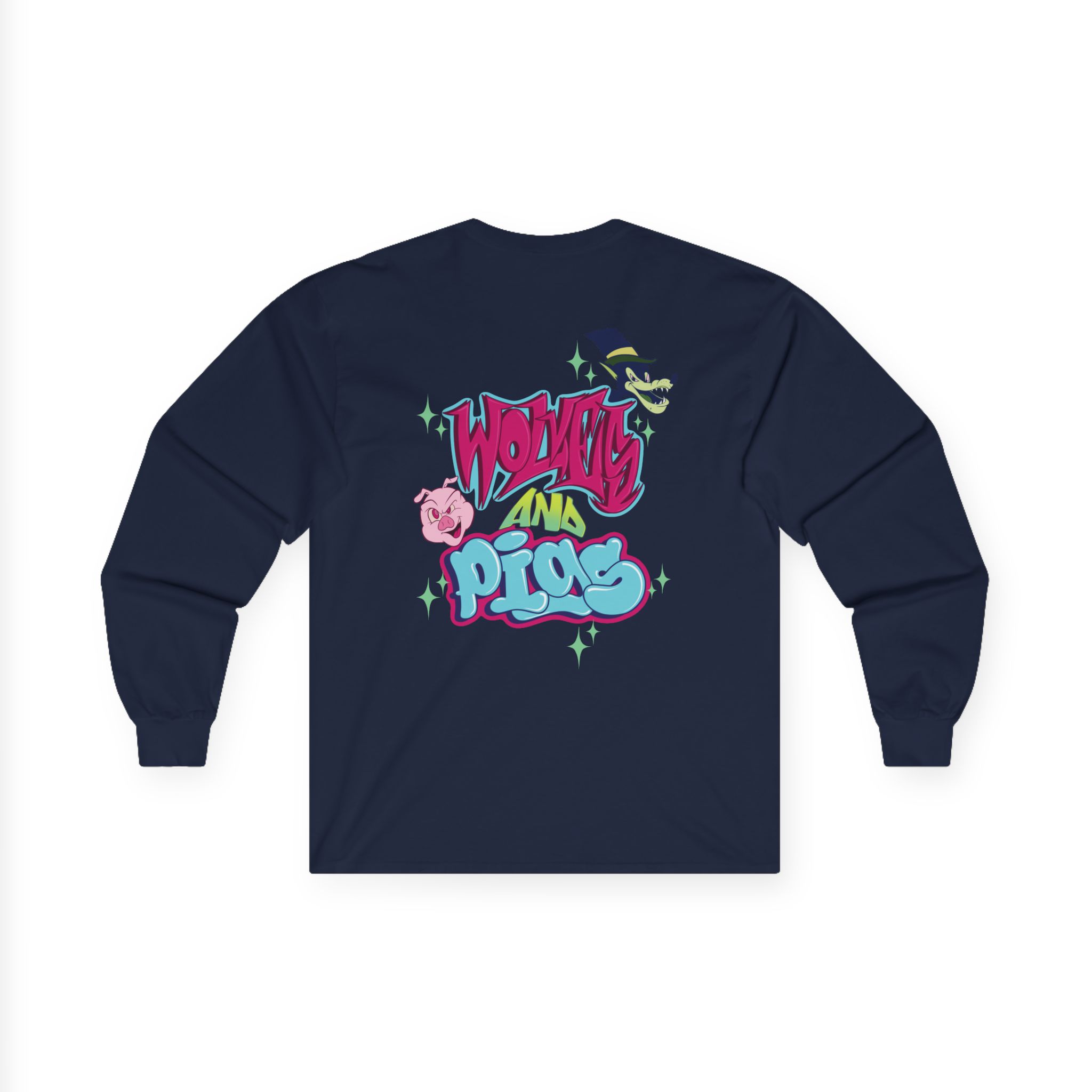 Wolves and Pigs Long Sleeve Tee — Graffiti Lettering and Character Print - Image 5