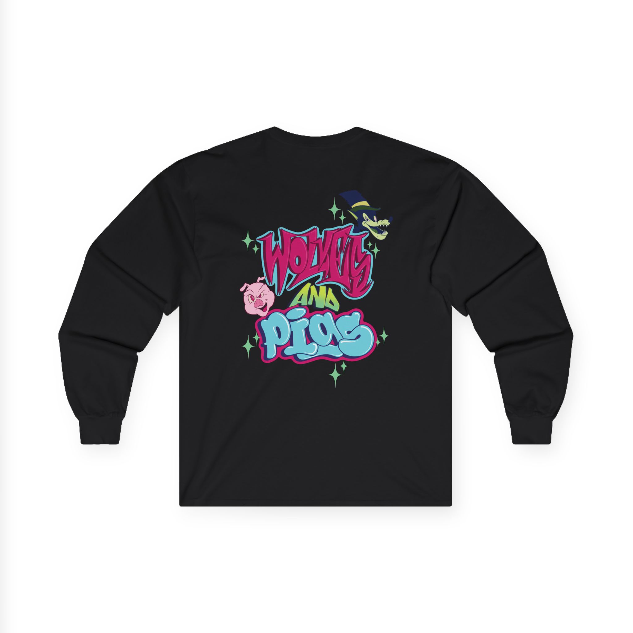Wolves and Pigs Long Sleeve Tee — Graffiti Lettering and Character Print - Image 2